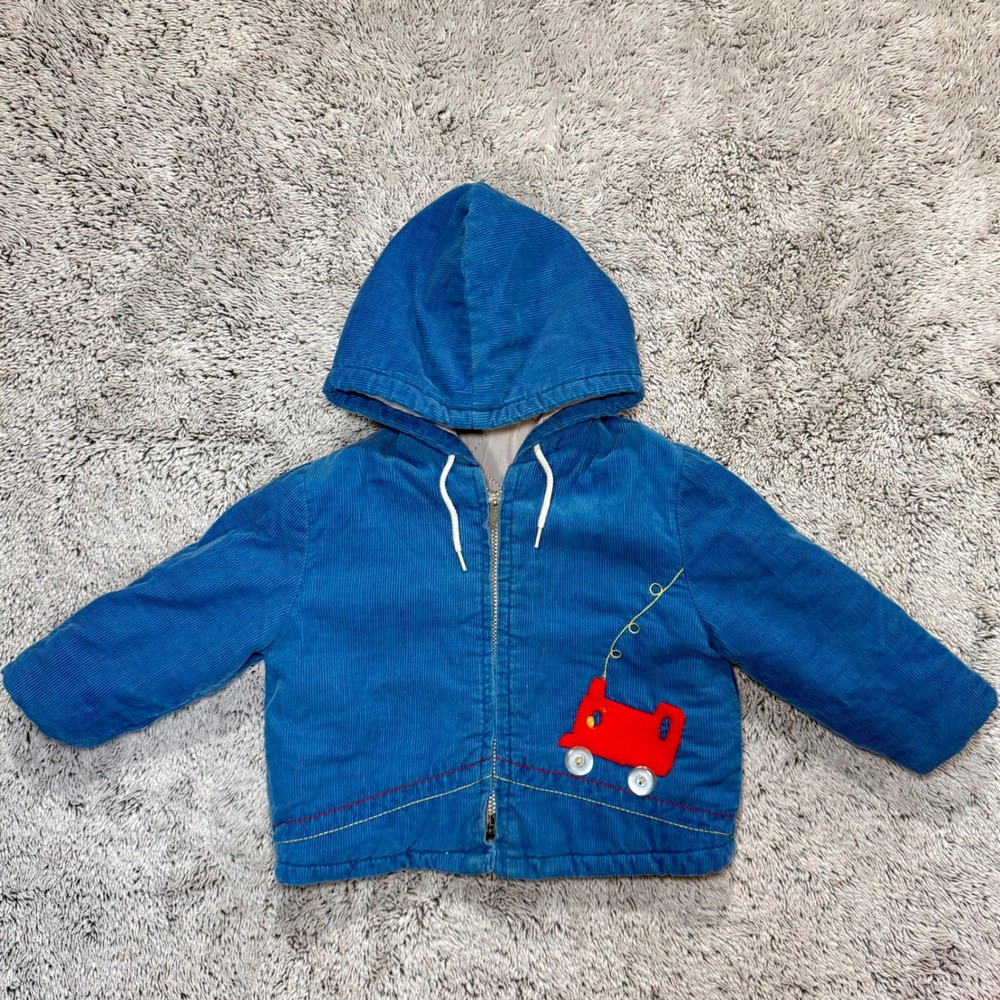 Vintage 24M Blue Corduroy Hooded Jacket Train Applique Button Wheels Toddler